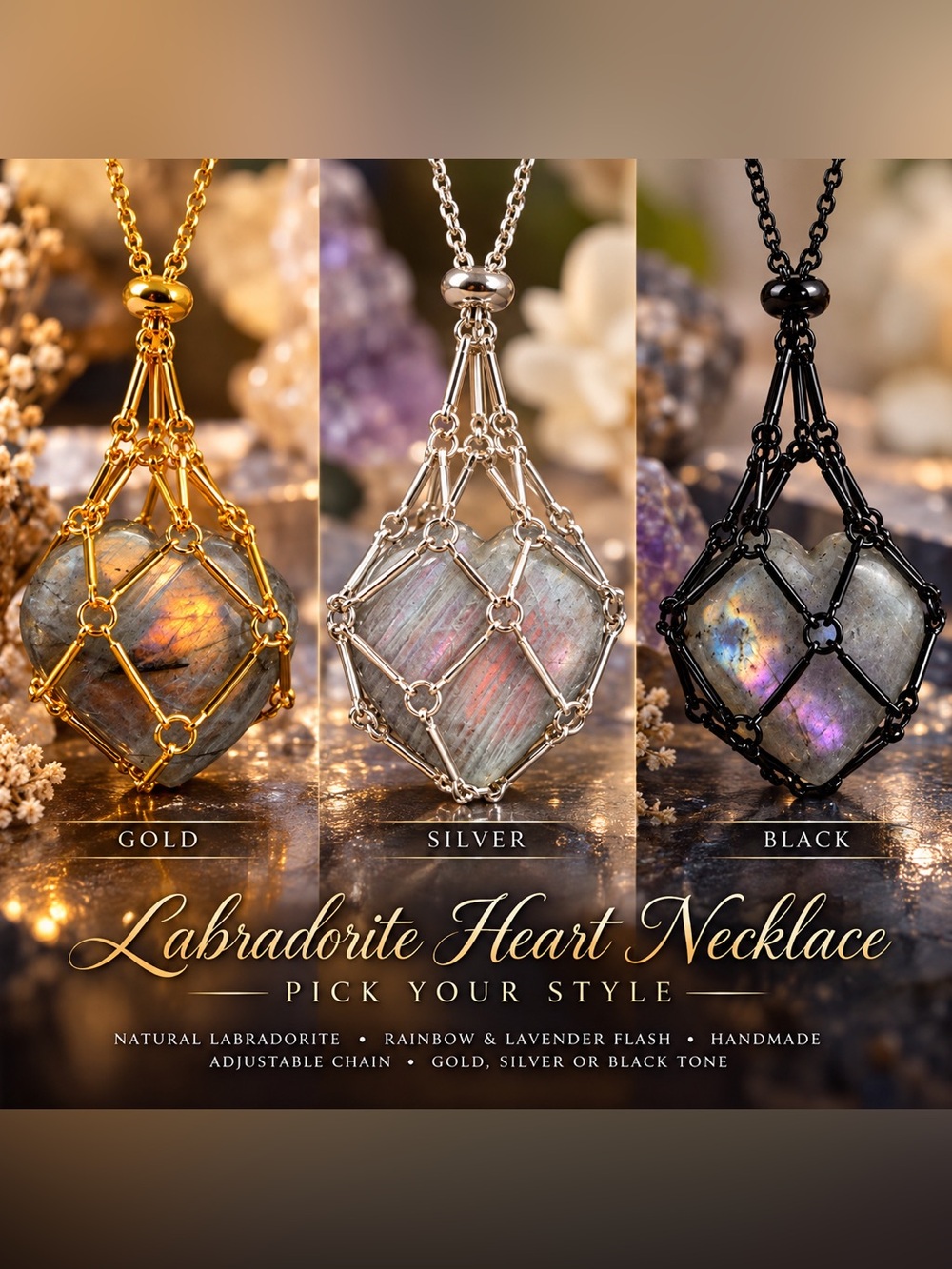 Labradorite Heart Necklace Rainbow Flash Pick Gold Silver or Black